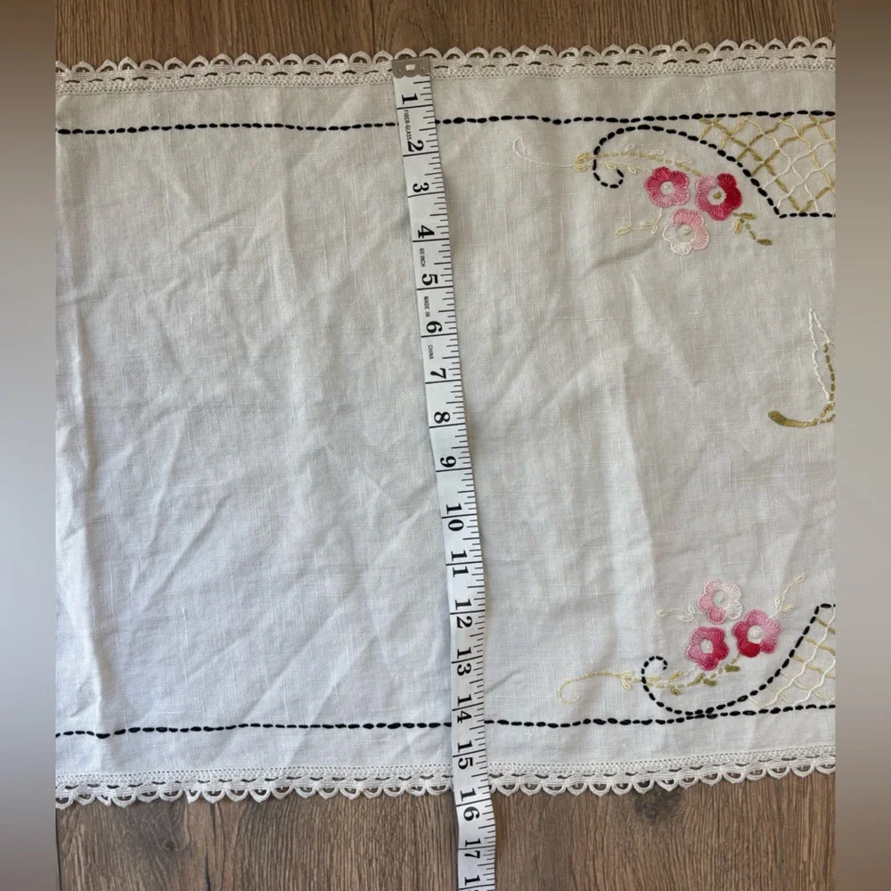 Linen Embroidered Floral Farmhouse Table Runner Oval Pink Handmade